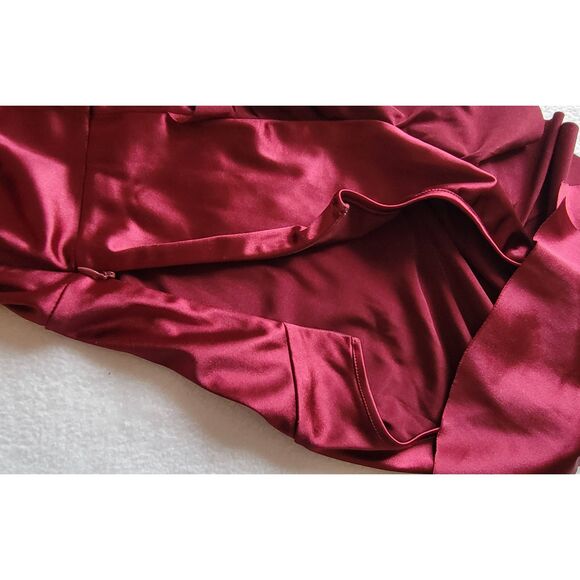 One-Shoulder Ruffle Trim Formal Long Sheath Evening Dress Wine Size XL - Picture 6 of 10